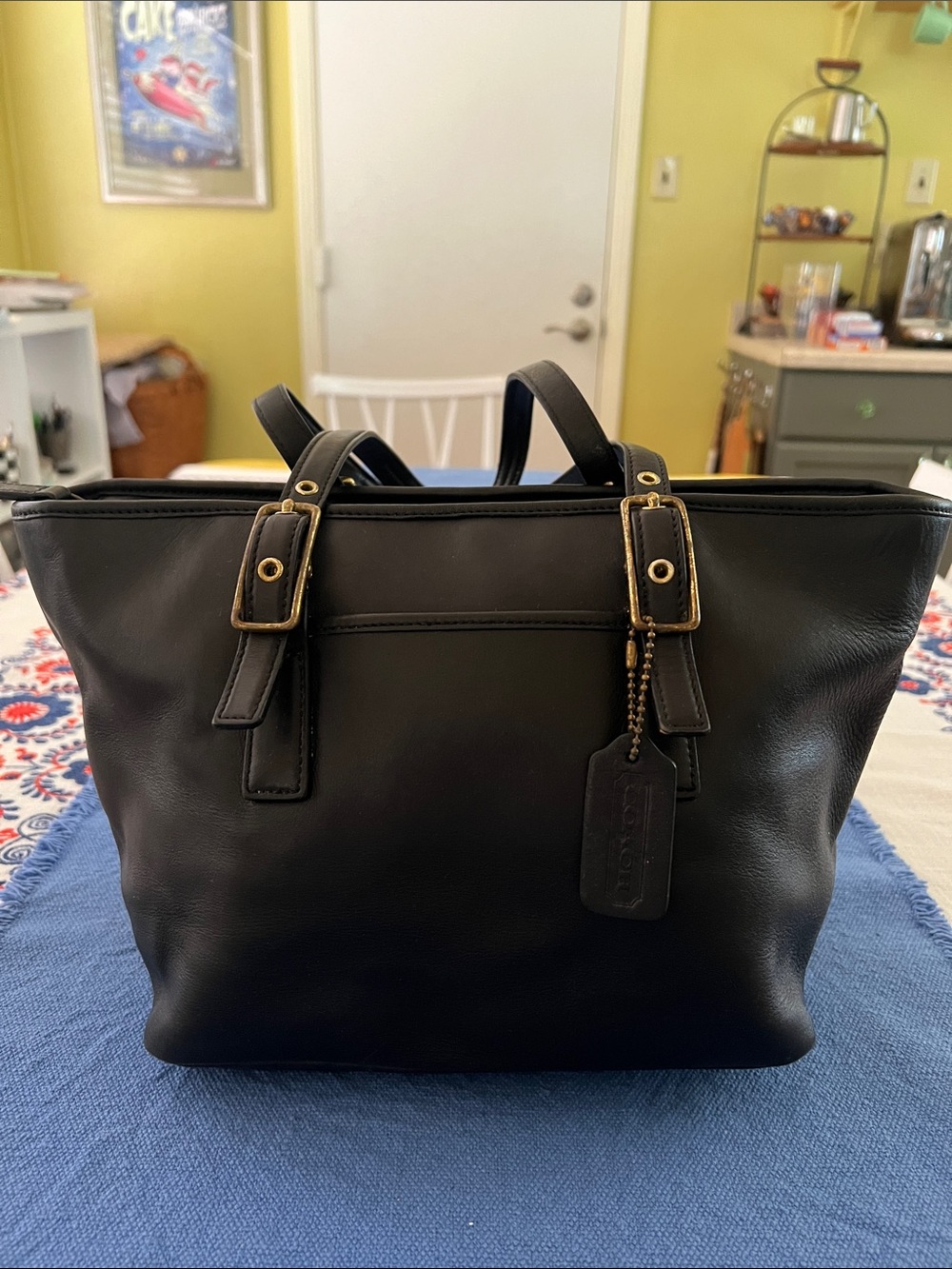 Coach Black Leather Tote with Brass Accents market tote